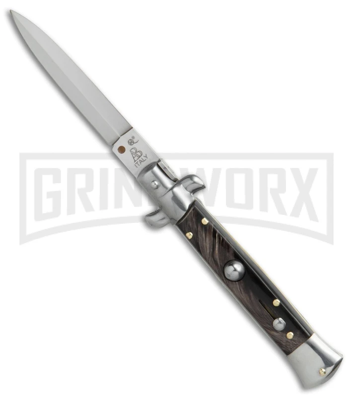 SKM/AB 8" Italian Stiletto Dark Horn Automatic Knife - Satin Dagger 3 SKM/AB 8" Italian Stiletto Dark Horn Automatic Knife - Satin Dagger
