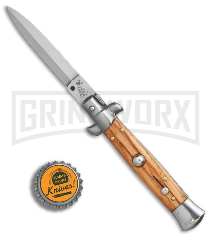 SKM/AB 8" Italian Stiletto Olive Wood Automatic Knife - Satin Dagger 6 SKM/AB 8" Italian Stiletto Olive Wood Automatic Knife - Satin Dagger - Image 4