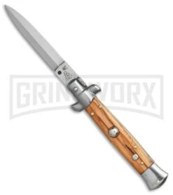 SKM/AB 8" Italian Stiletto Olive Wood Automatic Knife - Satin Dagger