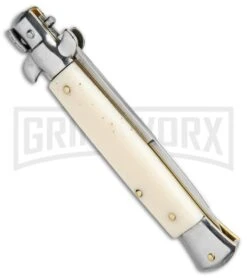 9" Italian Stiletto Sim Ivory Automatic Knife - Bayo Satin 8 9" Italian Stiletto Sim Ivory Automatic Knife - Bayo Satin -Best Knifes Shop SKM AB 9in Italian Stiletto Bayo Auto Sim Ivory Satin BHQ 74900 jr side large