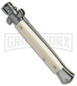 SKM AB 9" Italian Stiletto Sim Ivory Automatic Knife - Satin Dagger -Best Knifes Shop SKM AB 9in Stiletto Sim Ivory Dagger BP 19123 jr side large