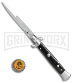SKM AB 9" Italian Stiletto Black Acrylic Automatic Knife - Bayo Satin Plain -Best Knifes Shop SKM AB 9in Stiletto bayo black acrylic satin BHQ 74899 er bottlecap large