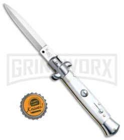 SKM/AB 9" Italian Stiletto White Pearlex Automatic Knife - Satin Dagger -Best Knifes Shop SKM AB Italian Stiletto White Pearlex Dagger Satin BHQ 51170 jr bottlecap large