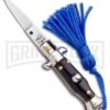 Italian Stiletto Black Automatic Knife Blue Keychain - Flat Grind -Best Knifes Shop SKM Italian Stiletto Keychain Auto Black Blue Satin BHQ 102944 jr large