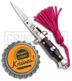 Italian Stiletto Black Automatic Knife Pink Keychain - Flat Grind -Best Knifes Shop SKM Italian Stiletto Keychain Auto Black Pink Satin BHQ 102936 jr bottlecap large
