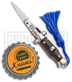 Italian Stiletto Brown Automatic Knife Blue Keychain - Flat Grind -Best Knifes Shop SKM Italian Stiletto Keychain Auto Brown Blue Satin BHQ 102945 jr bottlecap large