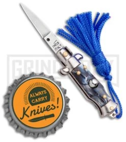Italian Stiletto Gray Marble Automatic Knife Blue Keychain - Flat Grind -Best Knifes Shop SKM Italian Stiletto Keychain Auto Marble Blue Satin BHQ 102947 jr bottlecap large