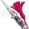 Italian Stiletto Gray Marble Automatic Knife Pink Keychain - Flat Grind -Best Knifes Shop SKM Italian Stiletto Keychain Auto Marble Pink Satin BHQ 102938 jr large