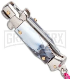 Italian Stiletto Gray Marble Automatic Knife Pink Keychain - Flat Grind 8 Italian Stiletto Gray Marble Automatic Knife Pink Keychain - Flat Grind -Best Knifes Shop SKM Italian Stiletto Keychain Auto Marble Pink Satin BHQ 102938 jr side large