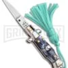 Italian Stiletto Gray Marble Automatic Knife Teal Keychain - Flat Grind -Best Knifes Shop SKM Italian Stiletto Keychain Auto Marble Teal Satin BHQ 102943 jr large