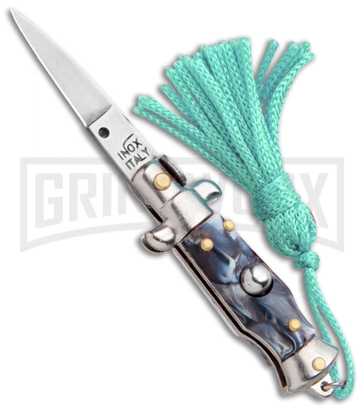 Italian Stiletto Gray Marble Automatic Knife Teal Keychain - Flat Grind 3 Italian Stiletto Gray Marble Automatic Knife Teal Keychain - Flat Grind