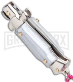 SKM Italian Stiletto Gray Automatic Knife Pink Keychain - Flat Grind 8 SKM Italian Stiletto Gray Automatic Knife Pink Keychain - Flat Grind -Best Knifes Shop SKM Italian Stiletto Keychain Auto Silver Pink Satin BHQ 102939 jr side large