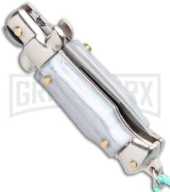 Italian Stiletto Gray Automatic Knife Teal Keychain - Flat Grind 8 Italian Stiletto Gray Automatic Knife Teal Keychain - Flat Grind -Best Knifes Shop SKM Italian Stiletto Keychain Auto Silver Teal Satin BHQ 102942 jr side large