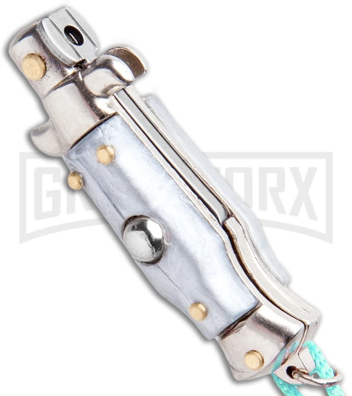 Italian Stiletto Gray Automatic Knife Teal Keychain - Flat Grind 4 Italian Stiletto Gray Automatic Knife Teal Keychain - Flat Grind - Image 2