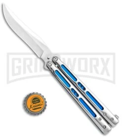 Silver/Blue Inlay Balisong Butterfly Knife - Satin Plain 9 Silver/Blue Inlay Balisong Butterfly Knife - Satin Plain -Best Knifes Shop Silver Blue Inlay Balisong Satin GX 37631 jr bottlecap large