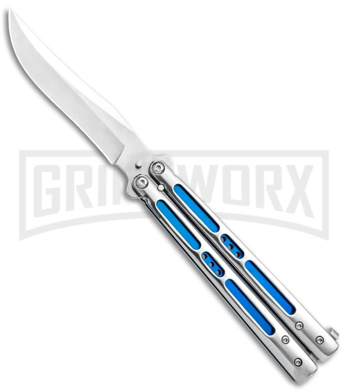 Silver/Blue Inlay Balisong Butterfly Knife - Satin Plain 3 Silver/Blue Inlay Balisong Butterfly Knife - Satin Plain