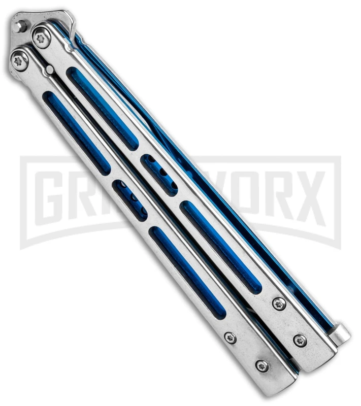 Silver/Blue Inlay Balisong Butterfly Knife - Satin Plain 4 Silver/Blue Inlay Balisong Butterfly Knife - Satin Plain - Image 2