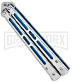 Silver/Blue Inlay Balisong Butterfly Knife - Satin Plain 8 Silver/Blue Inlay Balisong Butterfly Knife - Satin Plain -Best Knifes Shop Silver Blue Inlay Balisong Satin GX 37631 jr spine large
