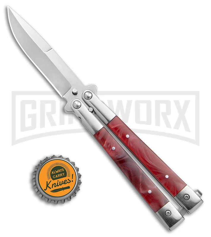 Skipper Red Swirl Balisong Aluminum Butterfly Knife - Drop Point Satin Plain 6 Skipper Red Swirl Balisong Aluminum Butterfly Knife - Drop Point Satin Plain - Image 4