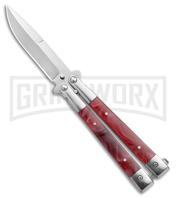 Skipper Red Swirl Balisong Aluminum Butterfly Knife - Drop Point Satin Plain 3 Skipper Red Swirl Balisong Aluminum Butterfly Knife - Drop Point Satin Plain