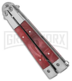 Skipper Red Swirl Balisong Aluminum Butterfly Knife - Drop Point Satin Plain 8 Skipper Red Swirl Balisong Aluminum Butterfly Knife - Drop Point Satin Plain -Best Knifes Shop Skipper Red Swirl Balisong Aluminum Butterfly DP Satin BHQ 177243 jr side large