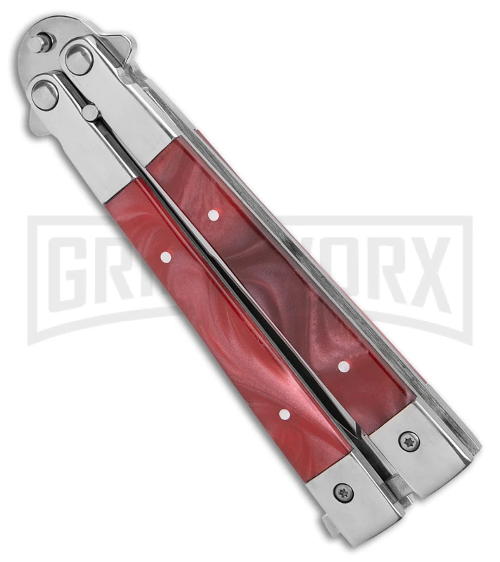 Skipper Red Swirl Balisong Aluminum Butterfly Knife - Drop Point Satin Plain 4 Skipper Red Swirl Balisong Aluminum Butterfly Knife - Drop Point Satin Plain - Image 2