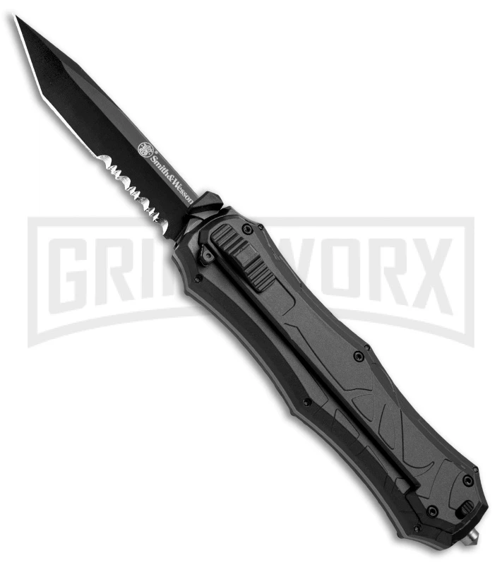Smith & Wesson Spring Assisted Finger Actuator Tanto OTF Knife - Black Serr 3 Smith & Wesson Spring Assisted Finger Actuator Tanto OTF Knife - Black Serr