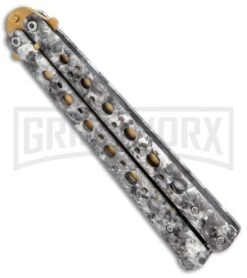 Stone Pattern Balisong Butterfly Knife (4.25" Gold) -Best Knifes Shop Stone Pattern Balisong Butterfly Gold GX 37520 jr spine large