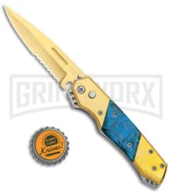 Super Knife Croc Automatic Knife Gold W/ Blue Inlay - Gold Serr 9 Super Knife Croc Automatic Knife Gold W/ Blue Inlay - Gold Serr -Best Knifes Shop Super Knife Croc Auto Stainless Gold Blue Serr GX 35767 jr bottlecap large