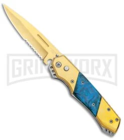 Super Knife Croc Automatic Knife Gold W/ Blue Inlay - Gold Serr