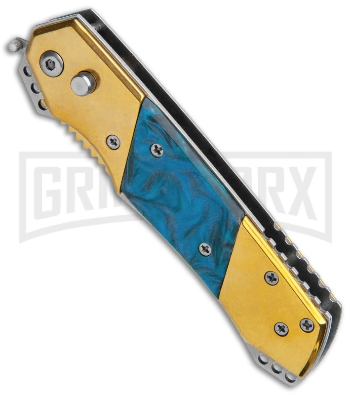Super Knife Croc Automatic Knife Gold W/ Blue Inlay - Gold Serr 4 Super Knife Croc Automatic Knife Gold W/ Blue Inlay - Gold Serr - Image 2