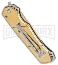 Super Knife Croc Automatic Knife Stainless Gold W/ Gold Inlay - Gold Serr -Best Knifes Shop Super Knife Croc Auto Stainless Gold Gold Inlay Gold Serr GX 34967 jr side large