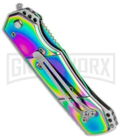 Super Knife Croc Automatic Knife Stainless Rainbow W/ White Inlay - Rainbow Serr 8 Super Knife Croc Automatic Knife Stainless Rainbow W/ White Inlay - Rainbow Serr -Best Knifes Shop Super Knife Croc Auto Stainless Rainbow White Spectrum Serr GX 35780 jr side large
