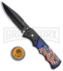 Super Knife Dingo Black God Bless America Automatic Knife - Black Serr -Best Knifes Shop Super Knife Dingo Black God Bless America Auto Black Serr GX 35765 jr bottlecap large