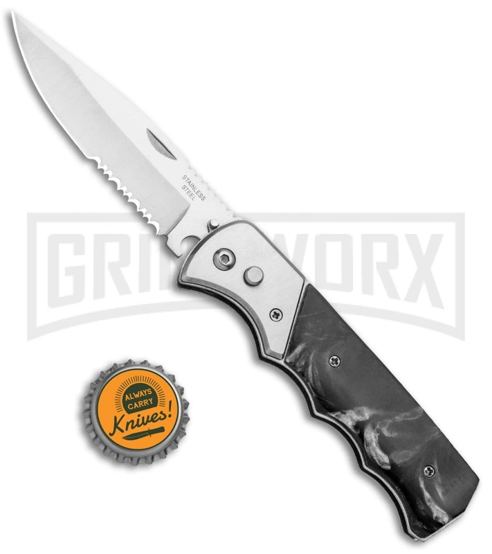 Super Knife Dingo Black Marble Acrylic Automatic Knife - Satin Serr 6 Super Knife Dingo Black Marble Acrylic Automatic Knife - Satin Serr - Image 4