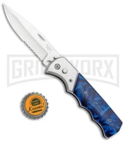 Super Knife Dingo Blue Marble Acrylic Automatic Knife - Satin Serr -Best Knifes Shop Super Knife Dingo Blue Marble Acrylic Auto Satin Serr GA623SLMBL GX 33492 jr bottlecap large