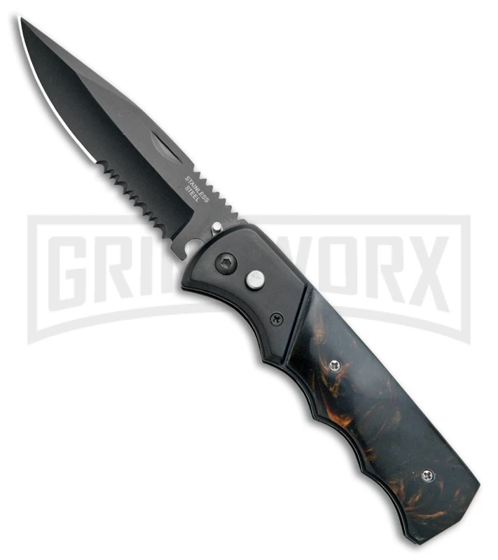 Super Knife Dingo Brown Marble Acrylic Automatic Knife - Black Serr 3 Super Knife Dingo Brown Marble Acrylic Automatic Knife - Black Serr