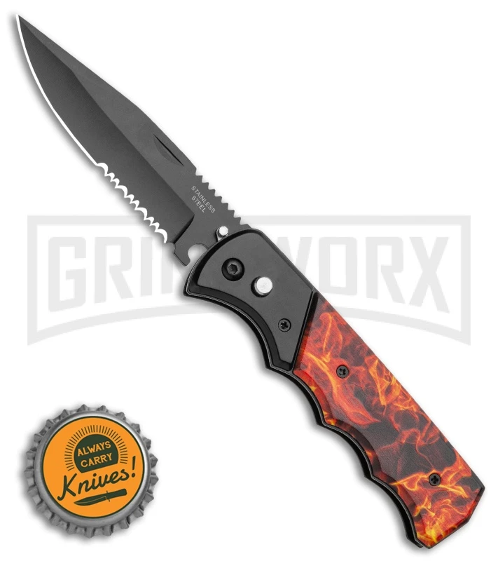 Super Knife Dingo Orange Flame Automatic Knife - Black Serr 6 Super Knife Dingo Orange Flame Automatic Knife - Black Serr - Image 4
