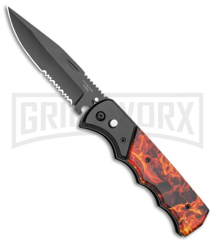 Super Knife Dingo Orange Flame Automatic Knife - Black Serr 3 Super Knife Dingo Orange Flame Automatic Knife - Black Serr