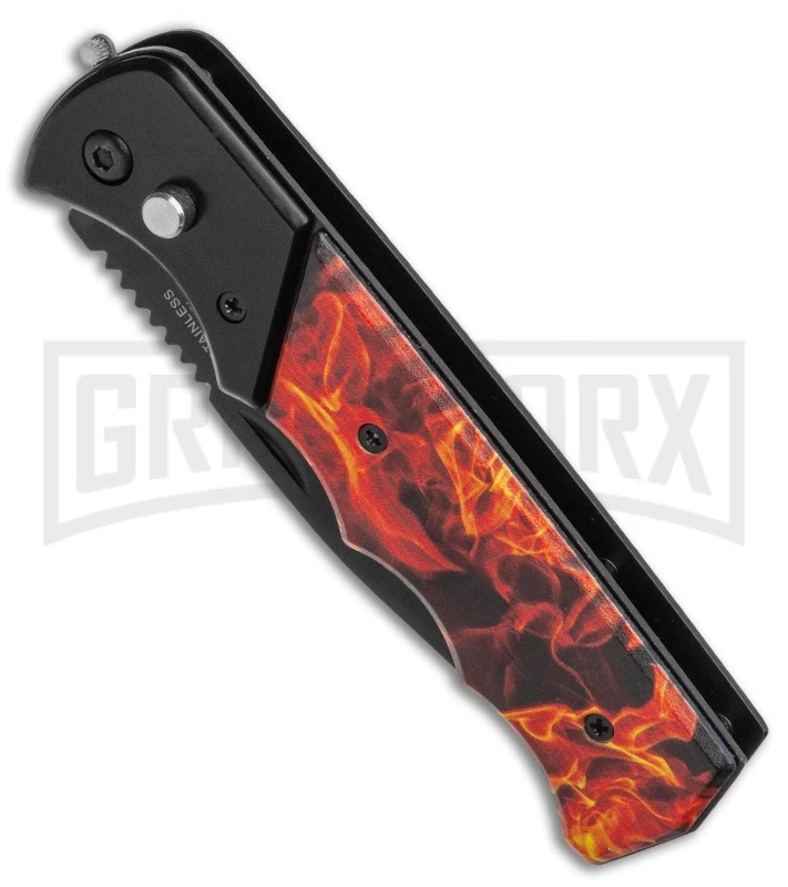 Super Knife Dingo Orange Flame Automatic Knife - Black Serr 4 Super Knife Dingo Orange Flame Automatic Knife - Black Serr - Image 2