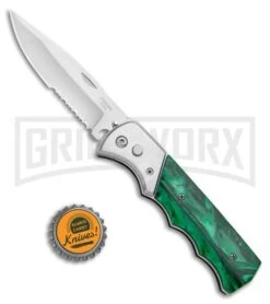 Super Knife Dingo Green Acrylic Automatic Knife - Satin Serr -Best Knifes Shop Super Knife Dingo Green Acrylic Automatic Knife Satin Serrated GX 33704 ns bottlecap large