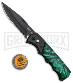 Super Knife Dingo Green Acrylic Automatic Knife - Black Serr -Best Knifes Shop Super Knife Dingo Green Marble Acrylic Auto Black Serr GA623BKMGRN GX 33493 jr bottlecap large
