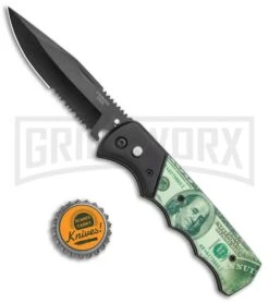 Super Knife Dingo Money Print Automatic Knife - Black Serr -Best Knifes Shop Super Knife Dingo Money Print Auto Black Serr GX 35773 jr bottlecap large