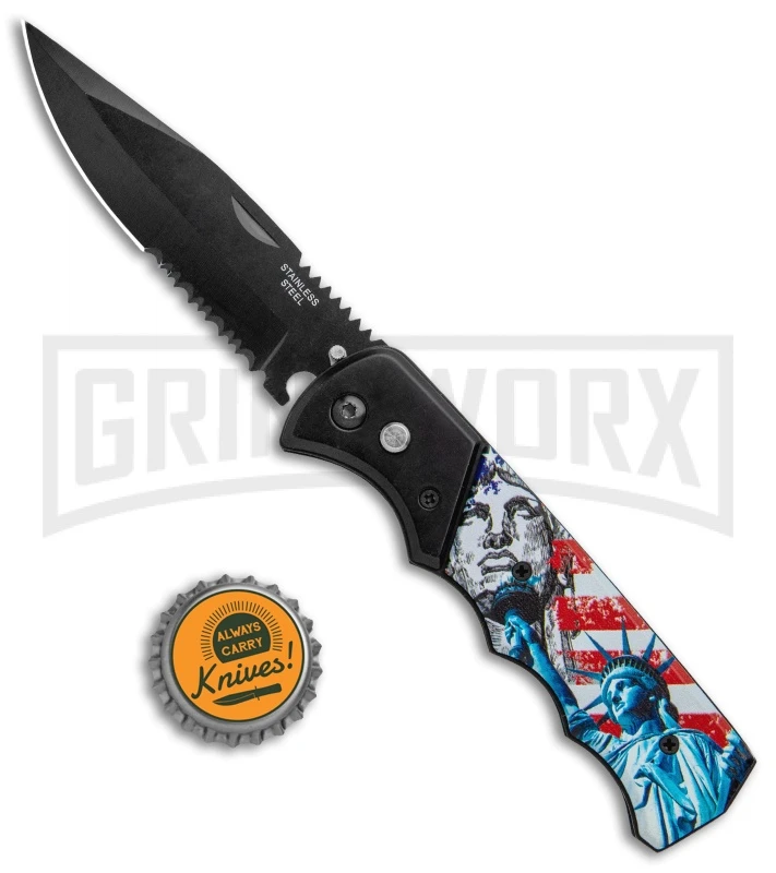 Super Knife Dingo Statue Of Liberty Automatic Knife - Black Serr 6 Super Knife Dingo Statue Of Liberty Automatic Knife - Black Serr - Image 4
