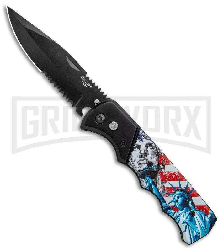 Super Knife Dingo Statue Of Liberty Automatic Knife - Black Serr 3 Super Knife Dingo Statue Of Liberty Automatic Knife - Black Serr