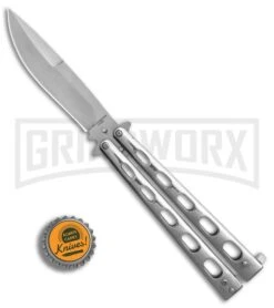 Super Knife Sleek Slinger Silver Balisong Butterfly Knife - Satin Plain -Best Knifes Shop Super Knife Sleek Slinger Silver Bali Satin plain BP 30074 er bottlecap large