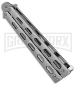 Super Knife Sleek Slinger Silver Balisong Butterfly Knife - Satin Plain -Best Knifes Shop Super Knife Sleek Slinger Silver Bali Satin plain BP 30074 er side large