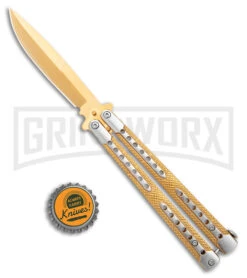 Swift Gold Balisong Titanium Coated Butterfly Knife - Gold -Best Knifes Shop Swift Gold Balisong Ti Coated Butterfly Gold GX 39695 jr bottlecap large