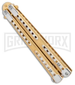 Swift Gold Balisong Titanium Coated Butterfly Knife - Gold -Best Knifes Shop Swift Gold Balisong Ti Coated Butterfly Gold GX 39695 jr side large
