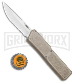 Thunder Tan D/A OTF Automatic Knife - Satin Serrated -Best Knifes Shop Thunder Tan DA OTF Auto Satin Serr GX 34404 jr bottlecap large